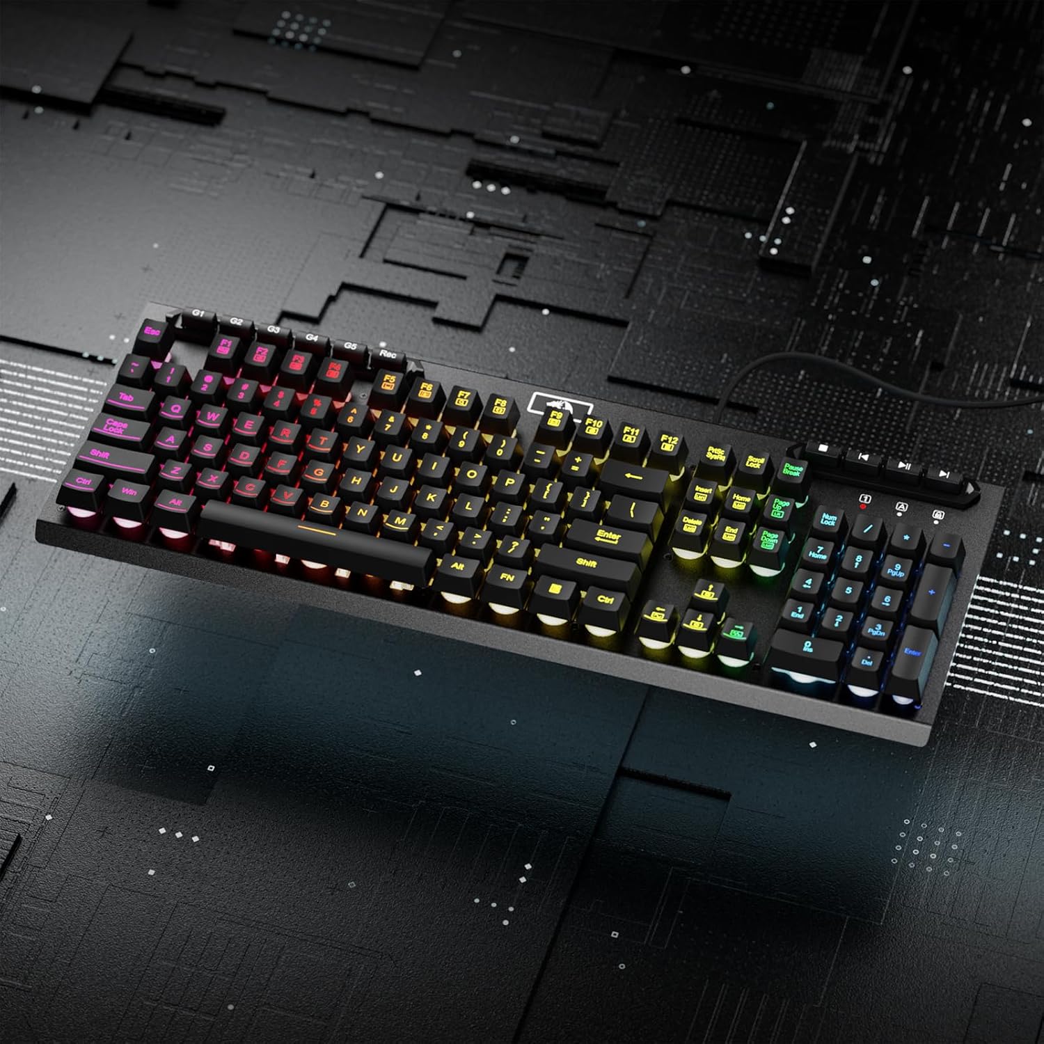 Redragon K513 RGB Membrane Gaming Keyboard, Standard 104 Keys Linear Mechanical-Feel Keyboard w/ 5 Extra On-Board Macro G Keys, Dedicated Media Control, Aluminum Top Case Black