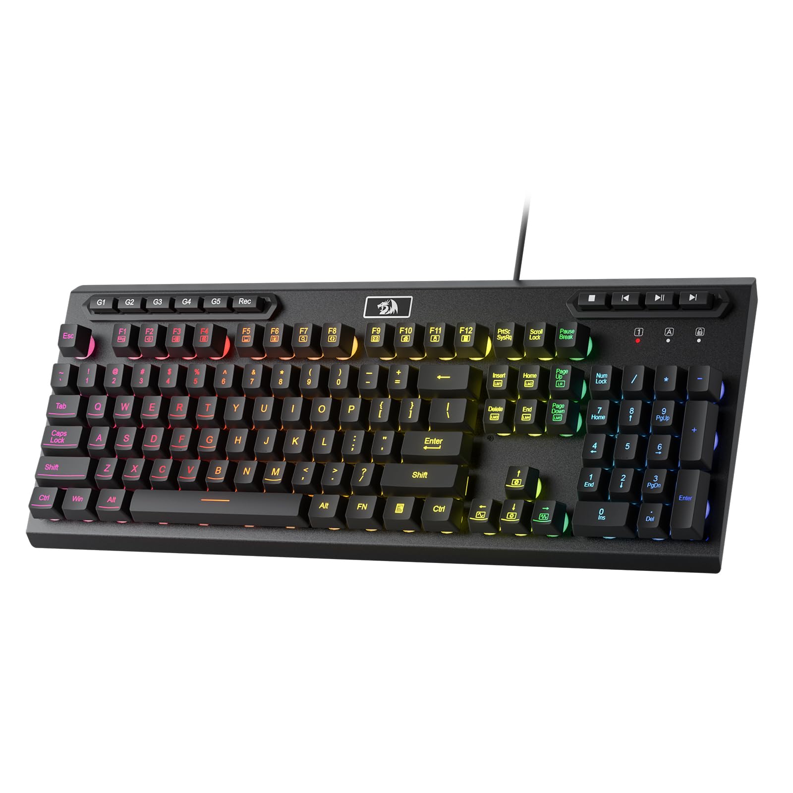 Redragon K513 RGB Membrane Gaming Keyboard, Standard 104 Keys Linear Mechanical-Feel Keyboard w/ 5 Extra On-Board Macro G Keys, Dedicated Media Control, Aluminum Top Case Black