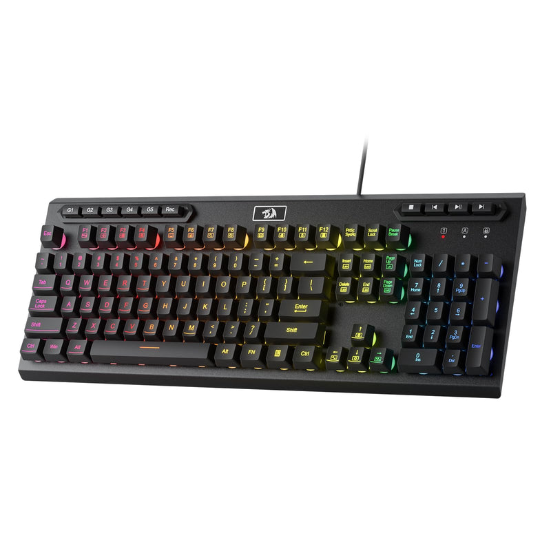 Redragon K513 RGB Membrane Gaming Keyboard, Standard 104 Keys Linear Mechanical-Feel Keyboard w/ 5 Extra On-Board Macro G Keys, Dedicated Media Control, Aluminum Top Case Black