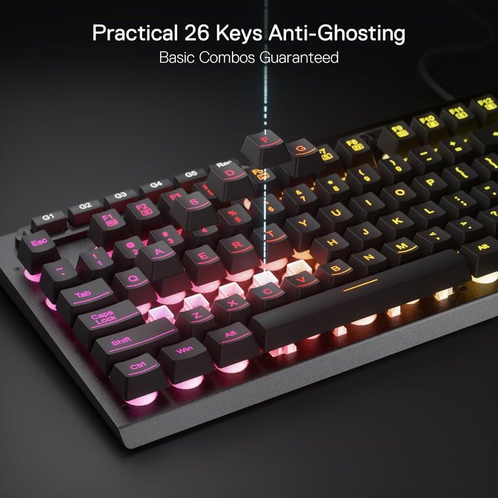 Redragon K513 RGB Membrane Gaming Keyboard, Standard 104 Keys Linear Mechanical-Feel Keyboard w/ 5 Extra On-Board Macro G Keys, Dedicated Media Control, Aluminum Top Case Black
