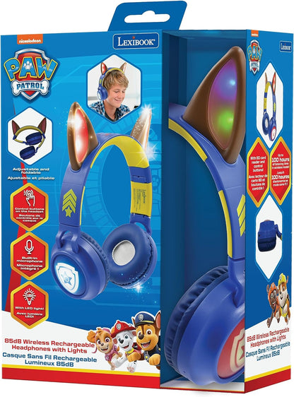 Lexibook, Paw Patrol, Auriculares 2 en 1 inalámbricos y con Cable con Orejas de persecución, Sonido Limitado a 85 dB, Efectos de luz, Plegable, Ajustable, Recargable, Azul, HPBT015PA