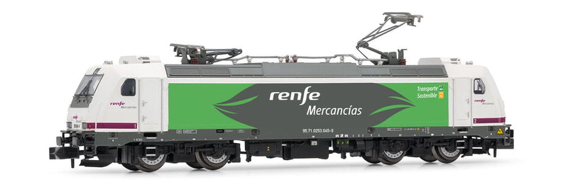 RENFE Elektrolokomotive 253, weiß-lila lackiert, „Transporte Sostenible“, Epoche VI, mit DCC-Decoder