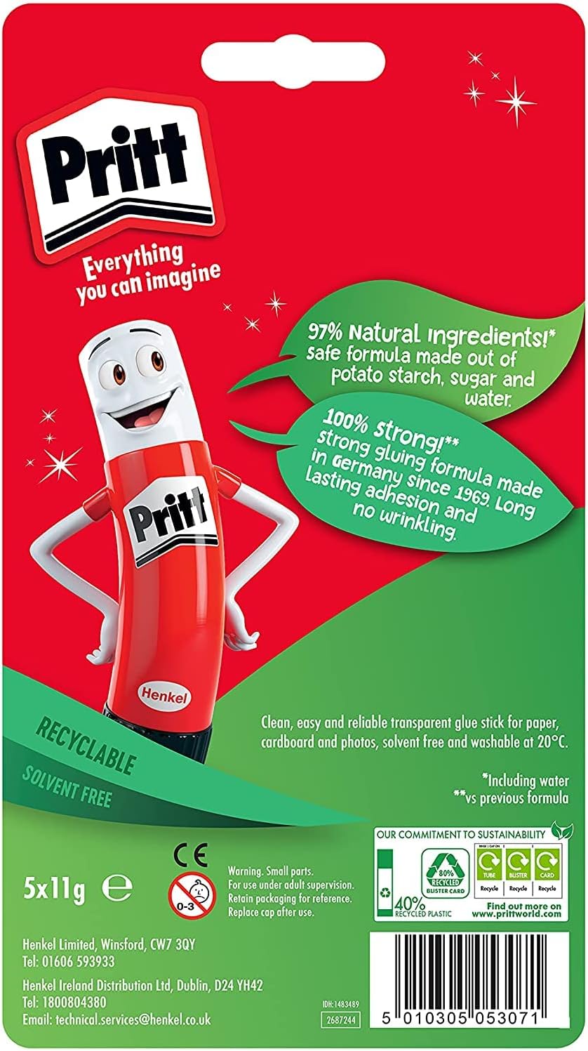 Pritt Glue Stick, Safe & Child-Friendly Craft Glue for Arts & Crafts Activities, Strong-Hold adhesive for School & Office Supplies, 5x11g Pritt Stick