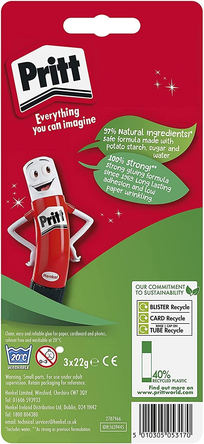 Pritt Glue Stick, Safe & Child-Friendly Craft Glue for Arts & Crafts Activities, Strong-Hold adhesive for School & Office Supplies, 22 g (Pack of 3