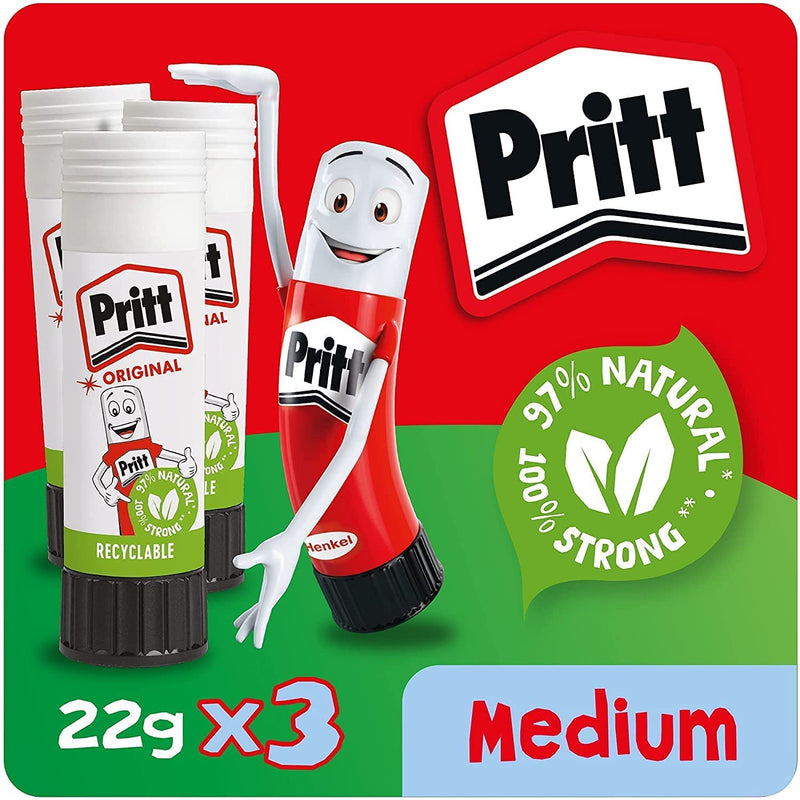 Pritt Glue Stick, Safe & Child-Friendly Craft Glue for Arts & Crafts Activities, Strong-Hold adhesive for School & Office Supplies, 22 g (Pack of 3
