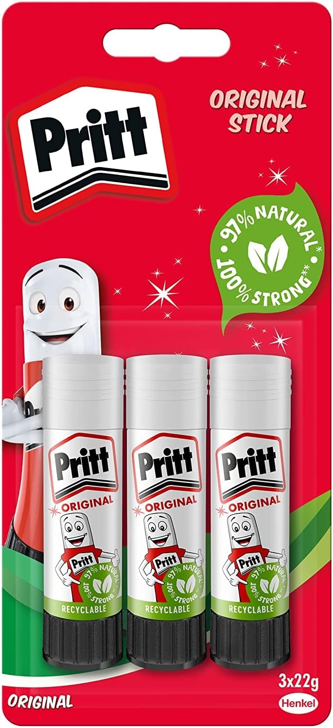 Pritt Glue Stick, Safe & Child-Friendly Craft Glue for Arts & Crafts Activities, Strong-Hold adhesive for School & Office Supplies, 22 g (Pack of 3