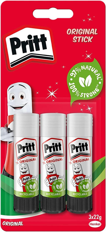 Pritt Glue Stick, Safe & Child-Friendly Craft Glue for Arts & Crafts Activities, Strong-Hold adhesive for School & Office Supplies, 22 g (Pack of 3