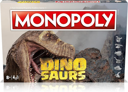 Monopoly Dinosaurs Board Game, Advance to T Rex, Velociraptor or Triceratops and trade your way to success, makes a great gift for players aged 8 plus