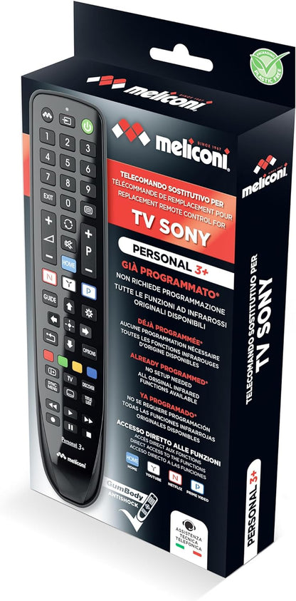 Meliconi Gumbody Personal 3+, Telecomando per TV SONY, sostituisce il telecomando originale. Già preprogrammato. Corpo in gomma antishock. Supporto web e assistenza telefonica specializzata
