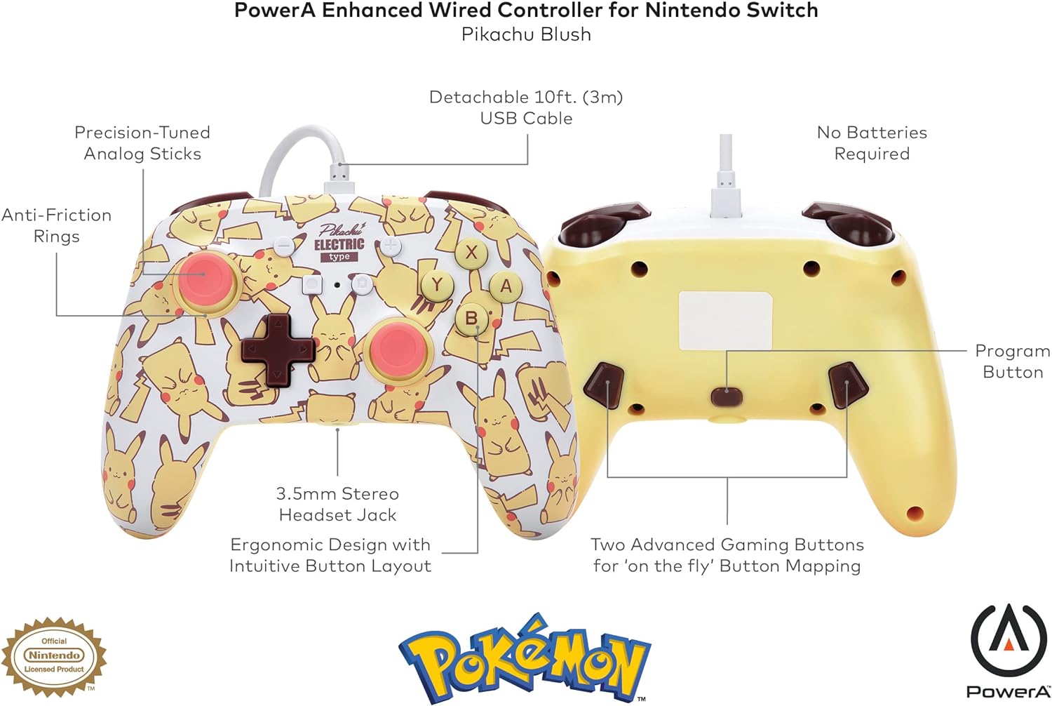 PowerA Enhanced Wired Controller for Nintendo Switch – Pikachu Blush
