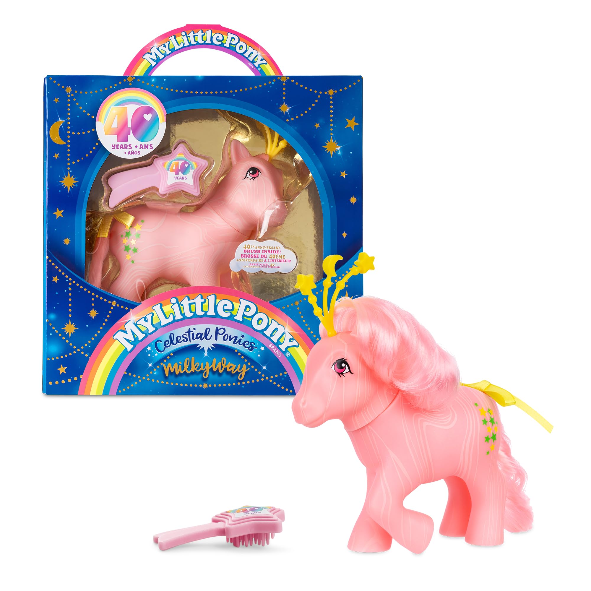 Celestial Ponies - Milky Way, My Little Pony, Basic Fun, 35344, Retro Horse Toys for Girls and Boys, 40th Anniversary Pink Pony Figure, Includes Celestial Crown and Accessories, Ages 4 years +