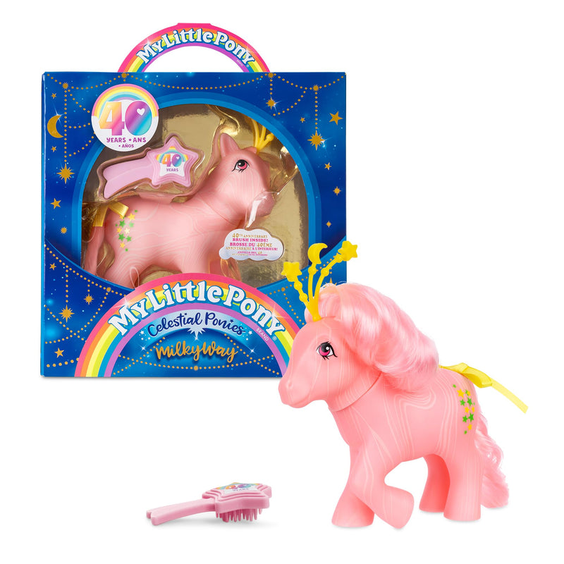 Celestial Ponies - Milky Way, My Little Pony, Basic Fun, 35344, Retro Horse Toys for Girls and Boys, 40th Anniversary Pink Pony Figure, Includes Celestial Crown and Accessories, Ages 4 years +