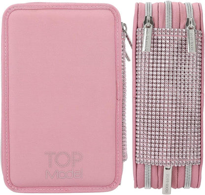 Depesche 12522 TOPModel Glitter Queen - Filled 3-Compartment Pencil Case with Rhinestones on the Front and Decorated Back, Pencil Case with Coloured Pencils, Ruler, Scissors and much more
