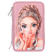 Depesche 12522 TOPModel Glitter Queen - Filled 3-Compartment Pencil Case with Rhinestones on the Front and Decorated Back, Pencil Case with Coloured Pencils, Ruler, Scissors and much more
