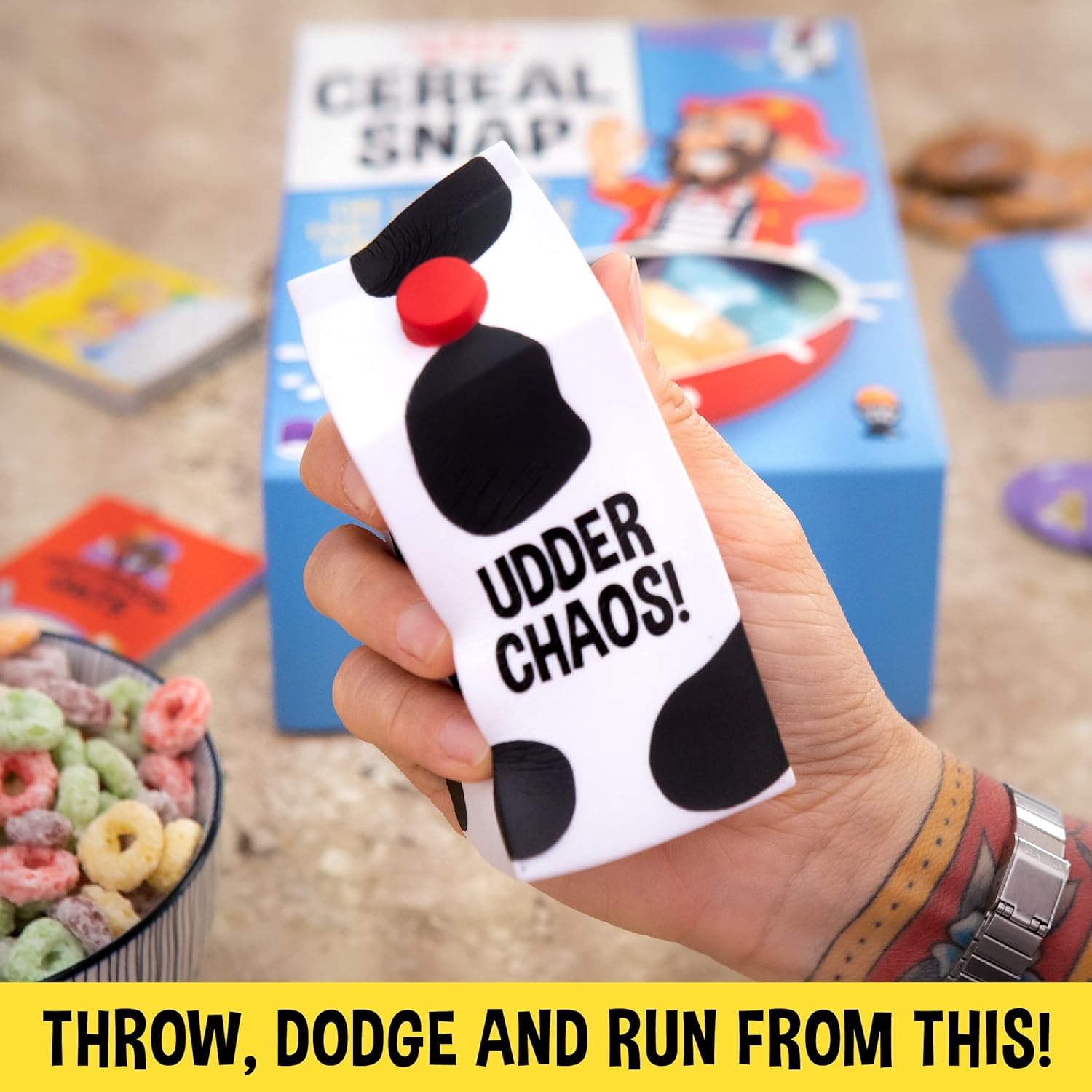 Cereal Snap: The Lighting Fast Matching & Throwing Game | 3-16 Players | Family Party Game for Teens & Kids, Comes with A Squishy Milk Carton, Active Family Card Game