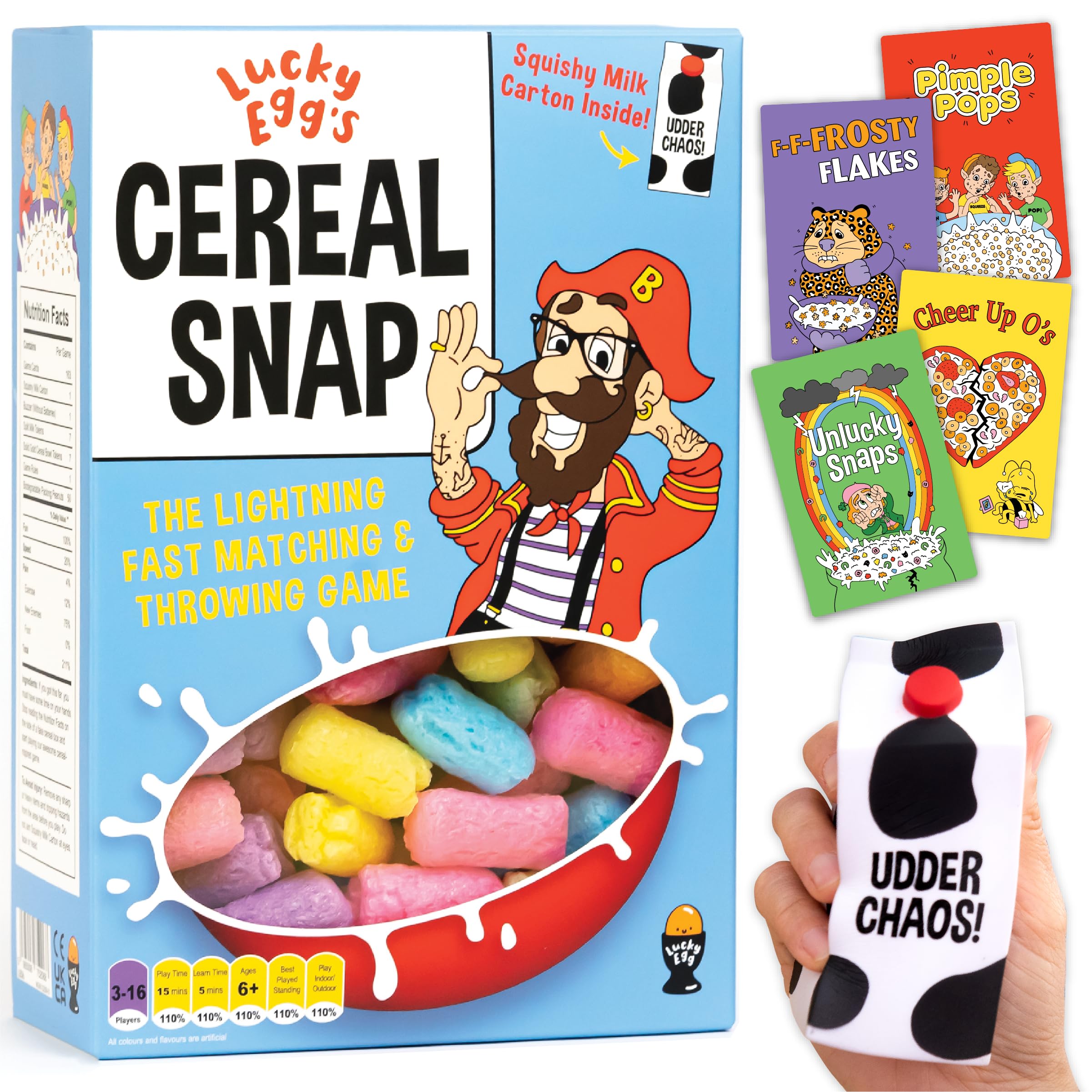 Cereal Snap: The Lighting Fast Matching & Throwing Game | 3-16 Players | Family Party Game for Teens & Kids, Comes with A Squishy Milk Carton, Active Family Card Game
