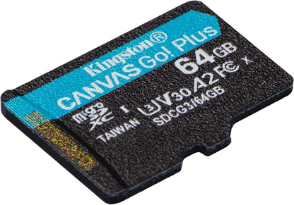 Kingston Canvas Go! Plus microSD memory card Class 10, UHS-I 64GB microSDXC 170R A2 U3 V30 Single Pack w/o ADP multi-color 64 GB With SD adaptor without adaptor