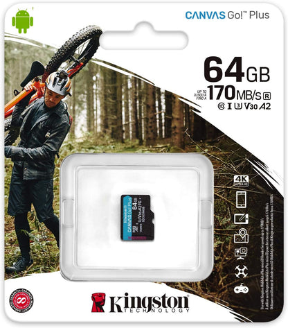 Kingston Canvas Go! Plus microSD memory card Class 10, UHS-I 64GB microSDXC 170R A2 U3 V30 Single Pack w/o ADP multi-color 64 GB With SD adaptor without adaptor