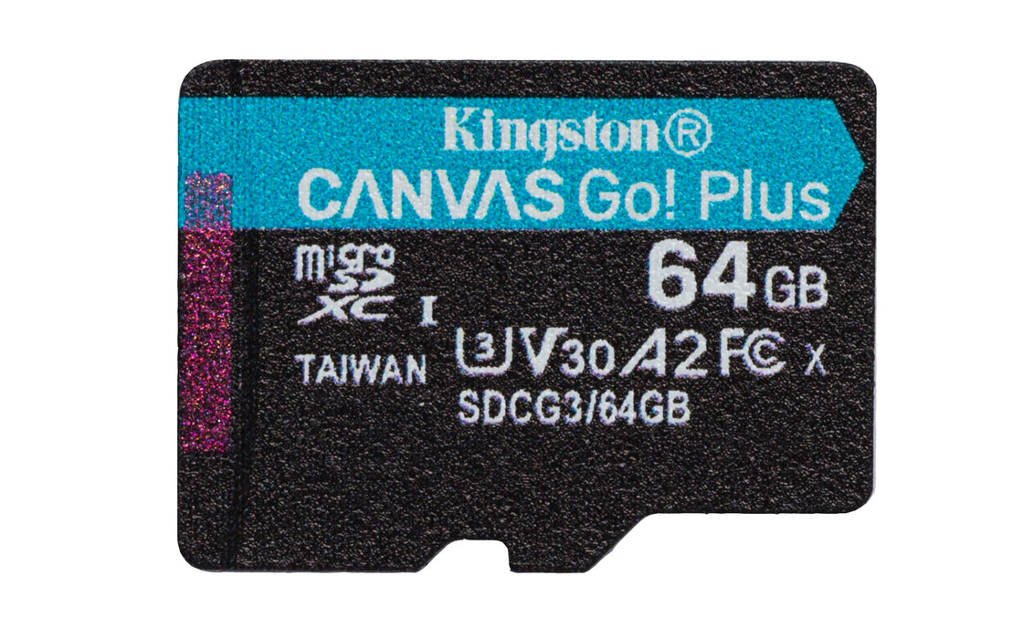 Kingston Canvas Go! Plus microSD memory card Class 10, UHS-I 64GB microSDXC 170R A2 U3 V30 Single Pack w/o ADP multi-color 64 GB With SD adaptor without adaptor