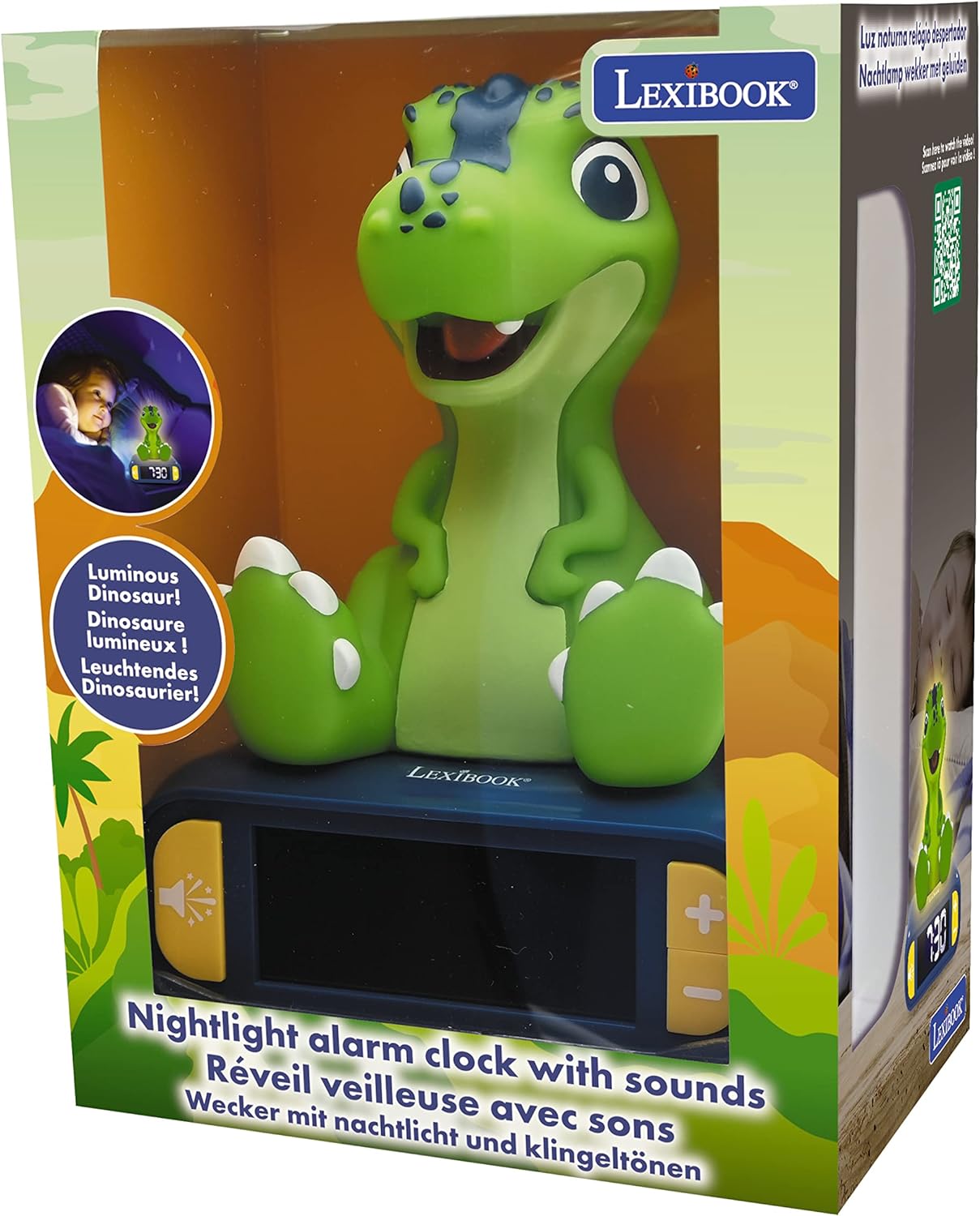Lexibook RL800DINO Dinosaur Nightlight, Alarm Clock for Boys and Girls, Snooze, Colour Blue/Green,Medium