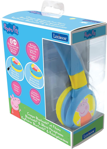 Lexibook Peppa Pig 2-in-1 Bluetooth Headphones Stereo Wireless Wired, Kids Safe, Foldable, Adjustable, Yellow/Blue, HPBT010PP