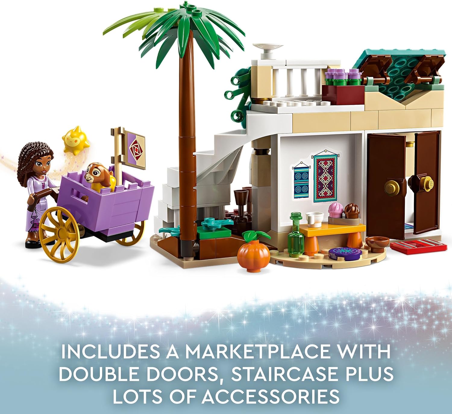 LEGO 43223 Disney Wish Asha in der Stadt Rosas, Wish-Film-Set mit Marktplatz, Asha-Minipuppe, Valentino als Spielzeug-Ziege und Stern-Figuren, Geschenk für Kinder ab 6 Jahren, Mädchen und Jungen