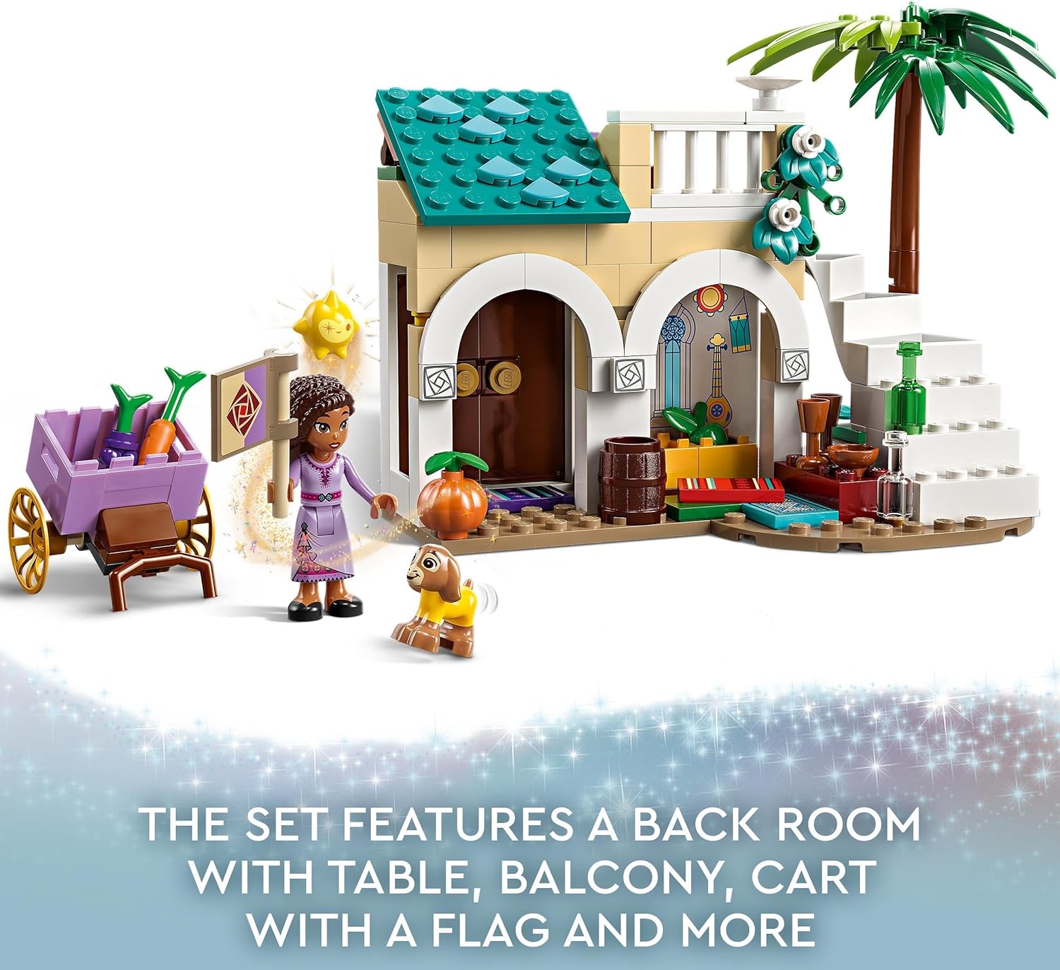 LEGO 43223 Disney Wish Asha in der Stadt Rosas, Wish-Film-Set mit Marktplatz, Asha-Minipuppe, Valentino als Spielzeug-Ziege und Stern-Figuren, Geschenk für Kinder ab 6 Jahren, Mädchen und Jungen