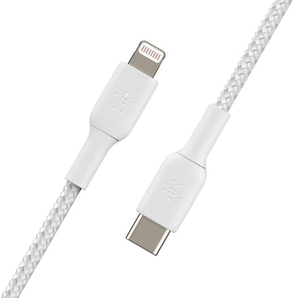 Belkin Braided USB-C to Lightning Cable (iPhone Fast Charging Cable for iPhone 14, 13, 12 or earlier) Boost Charge MFi-Certified iPhone USB-C Cable, White, 1 m