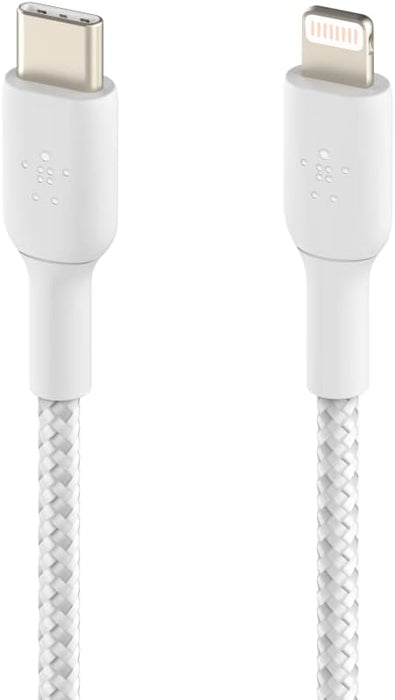 Belkin Braided USB-C to Lightning Cable (iPhone Fast Charging Cable for iPhone 14, 13, 12 or earlier) Boost Charge MFi-Certified iPhone USB-C Cable, White, 1 m