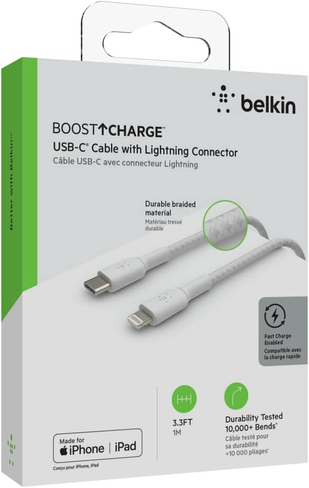 Belkin Braided USB-C to Lightning Cable (iPhone Fast Charging Cable for iPhone 14, 13, 12 or earlier) Boost Charge MFi-Certified iPhone USB-C Cable, White, 1 m