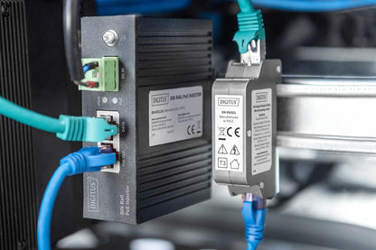 DIGITUS PoE protección contra sobretensiones - hasta 10 kV - 2X Puerto RJ45 - PoE++ - Montaje en Carril DIN - Clase de protección IP40-10/100/1000Mbps