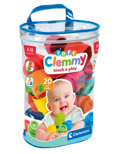 Clementoni - Soft Clemmy Bag 20 Pieces, Building Bricks, 40 Soft Toys, 100% Washable Blocks, Baby Toy 6 Months, Made In Italy (17877)