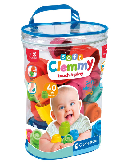 Clementoni Soft Clemmy Bolsa Piezas, Ladrillos De Construcción, 40 Blanditos, Bloques 100% Lavables, Juguete Bebé 6 Meses, Made In Italy, Color multilingüe, Sacca Mattoncini (17878)