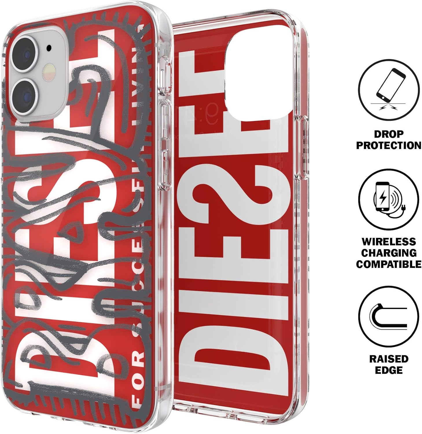 Diesel Designed for iPhone 12 Mini 5.4 Case, Clear Snap Case, Shockproof, Drop Tested Protective Cover with Raised Edges, Red/Grey iPhone 12 Mini Red/grey