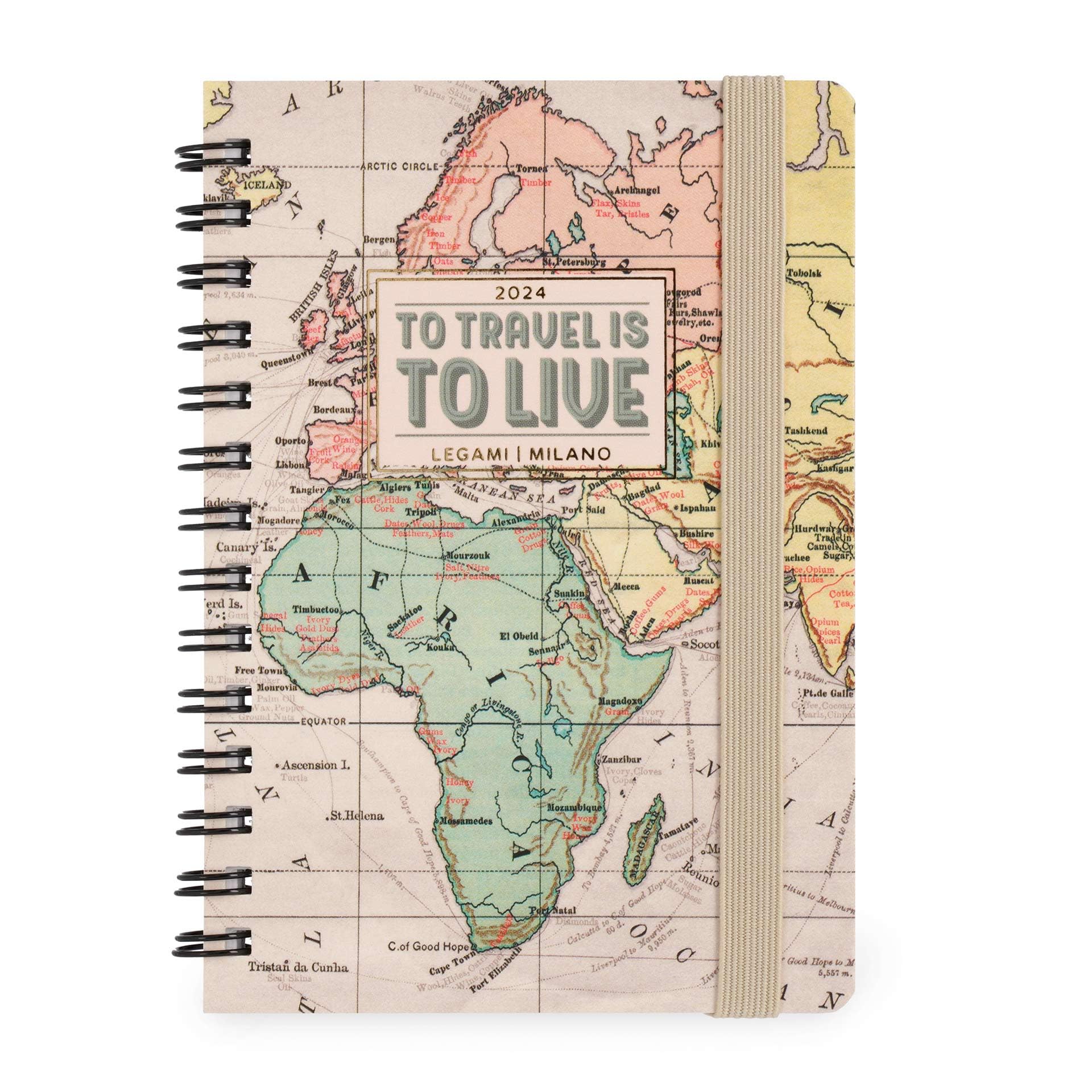 Legami - Spiral Weekly Diary Small, 12 Months, from January 2024 to December 2024, Folding Planner 2024/2025, Elastic Closure, Final Pocket, Address Book, 8.5x13 cm, Travel Theme
