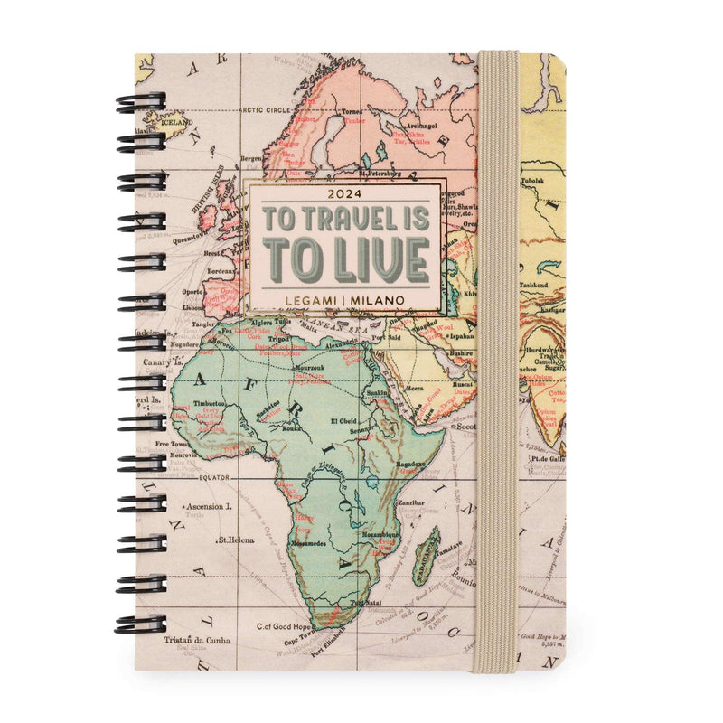 Legami - Spiral Weekly Diary Small, 12 Months, from January 2024 to December 2024, Folding Planner 2024/2025, Elastic Closure, Final Pocket, Address Book, 8.5x13 cm, Travel Theme
