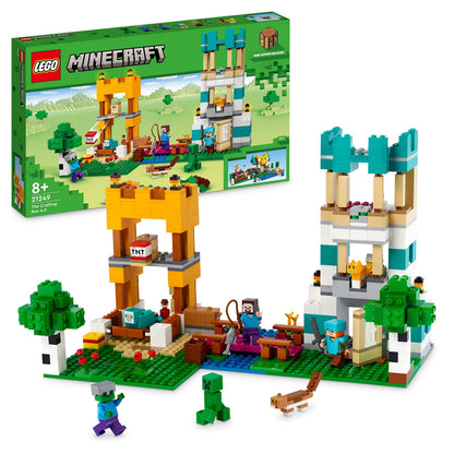 LEGO 21249 Minecraft De Crafting-box 4.0 2in1 Set, Bouw de Riviertoren of het Kattenparadijs, met Minifiguren van Personages Alex en Steve & Creeper en Zombie Mobs figuren, Cadeau voor Kinderen 21249