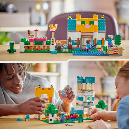 LEGO 21249 Minecraft De Crafting-box 4.0 2in1 Set, Bouw de Riviertoren of het Kattenparadijs, met Minifiguren van Personages Alex en Steve & Creeper en Zombie Mobs figuren, Cadeau voor Kinderen 21249