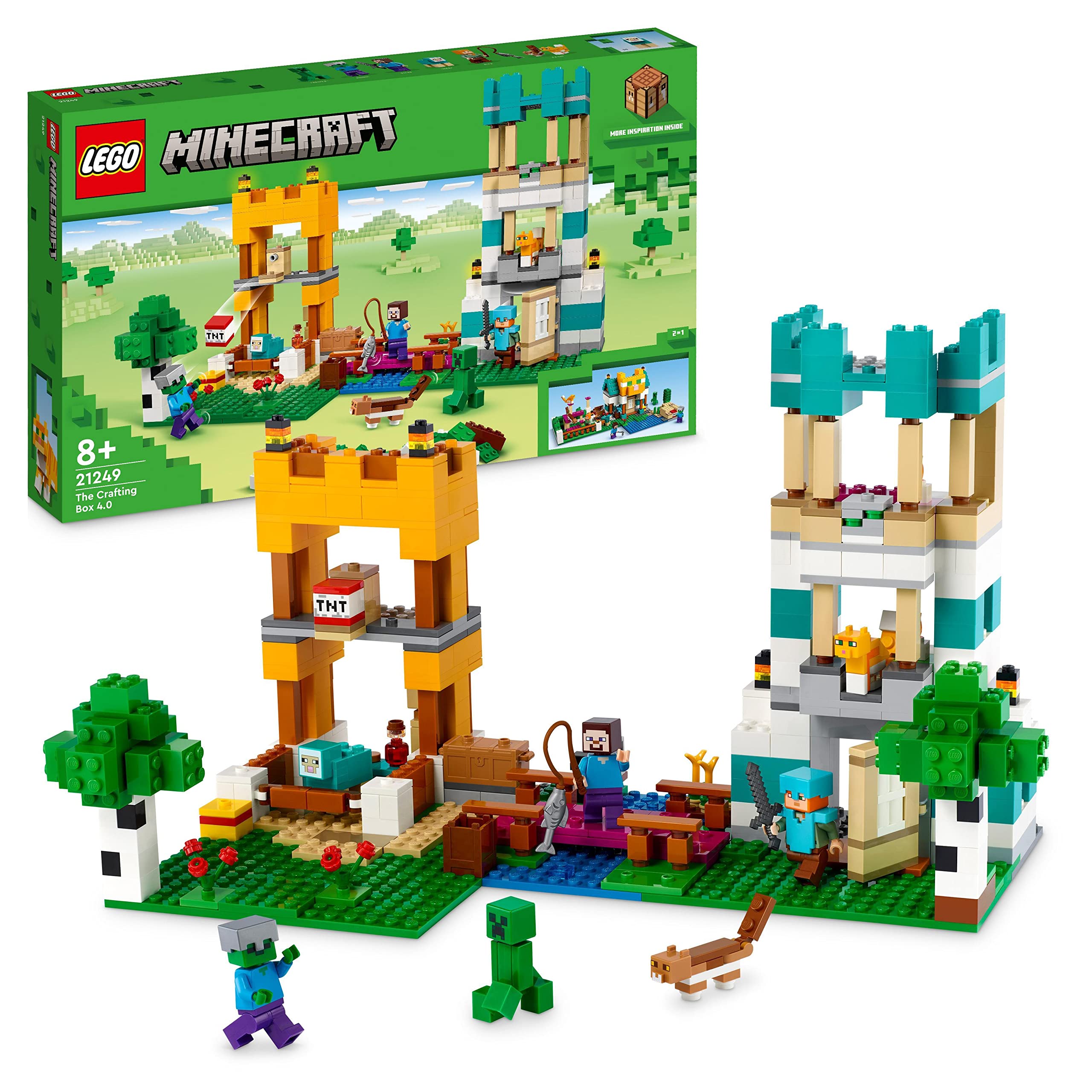 LEGO 21249 Minecraft De Crafting-box 4.0 2in1 Set, Bouw de Riviertoren of het Kattenparadijs, met Minifiguren van Personages Alex en Steve & Creeper en Zombie Mobs figuren, Cadeau voor Kinderen 21249