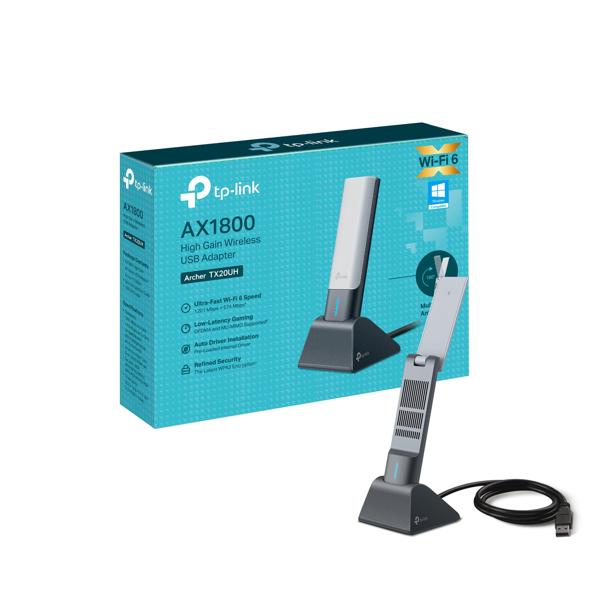 TP-Link Wi-Fi 6 AX1800 High Gain Dual-Band Wireless USB Adapter, 1.2-meter USB 3.0 cable, Beamforming Technology, Low-Latency Gaming, Supports Windows 10/11, WPA3, Easy Installation (Archer TX20UH