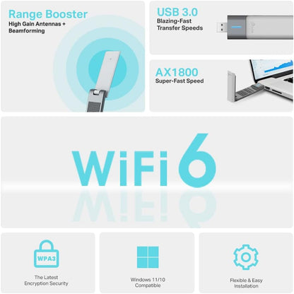 TP-Link Wi-Fi 6 AX1800 High Gain Dual-Band Wireless USB Adapter, 1.2-meter USB 3.0 cable, Beamforming Technology, Low-Latency Gaming, Supports Windows 10/11, WPA3, Easy Installation (Archer TX20UH
