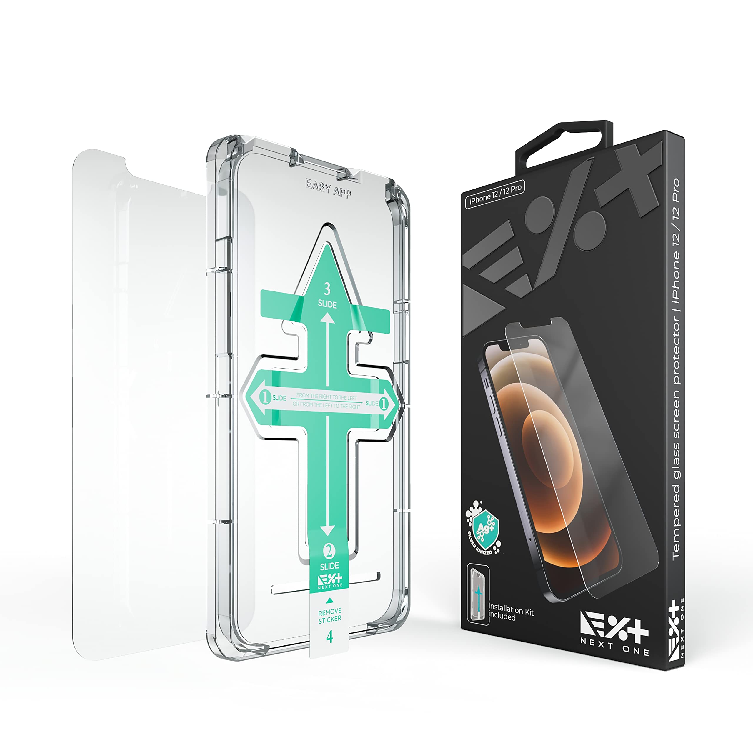 NEXT ONE Tempered Screen protector For iPhone 12/12 Pro with Easy Install Kit, Scratch-Resistant Tempered Glass, Case-Friendly, HD Clear, 9H Hardness, Cleaning Kit Tempered Glass iPhone 12/12 Pro