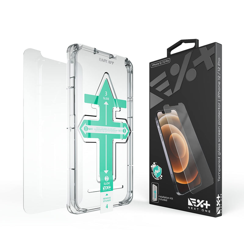 NEXT ONE Tempered Screen protector For iPhone 12/12 Pro with Easy Install Kit, Scratch-Resistant Tempered Glass, Case-Friendly, HD Clear, 9H Hardness, Cleaning Kit Tempered Glass iPhone 12/12 Pro