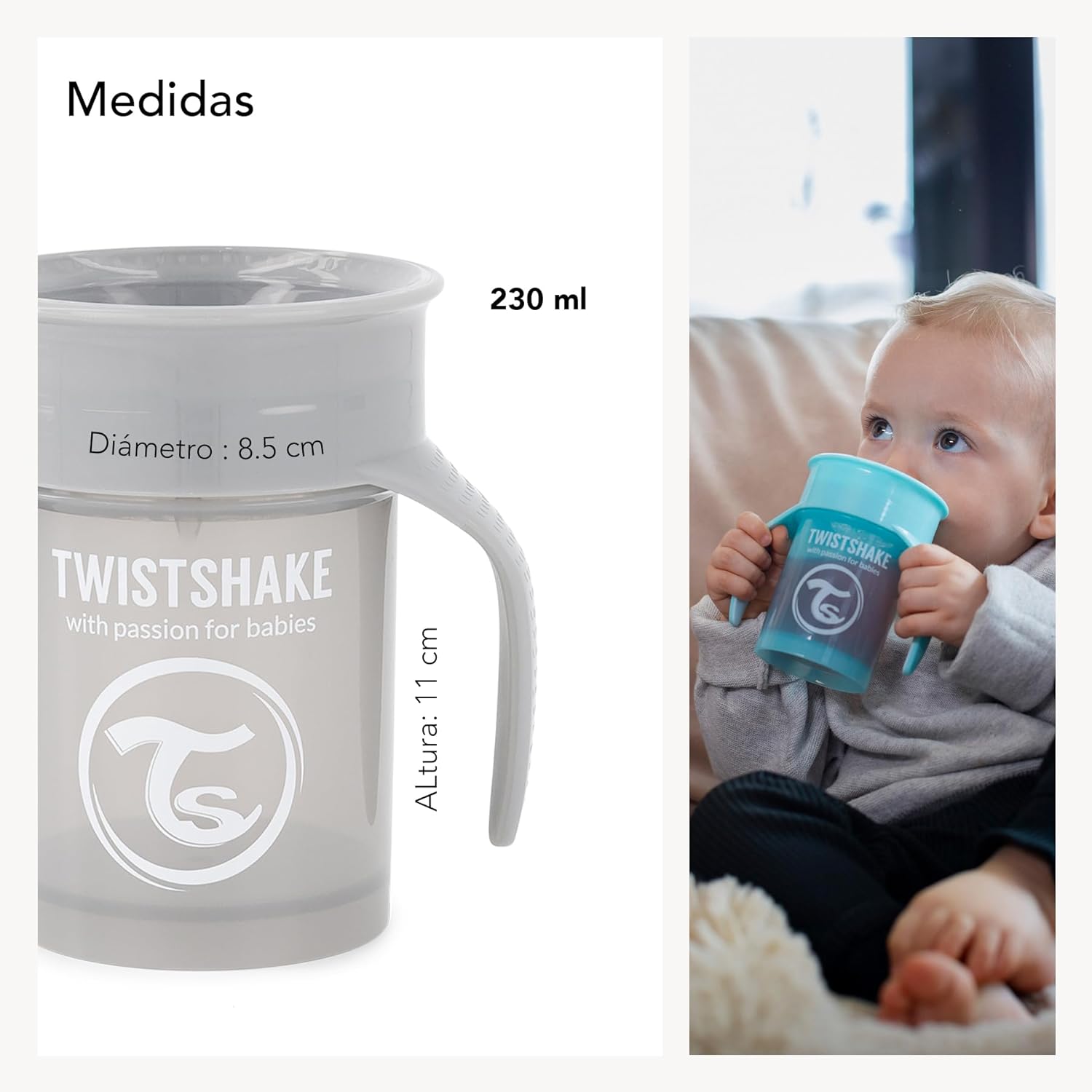 Twistshake 360 Cup Leak-Proof Sippy Cup 230 ml, Toddler Trainer Cup with 360° Drinking Rim, Ergonomic Learning Cup, from 6 Months, BPA Free, Pastel Blue