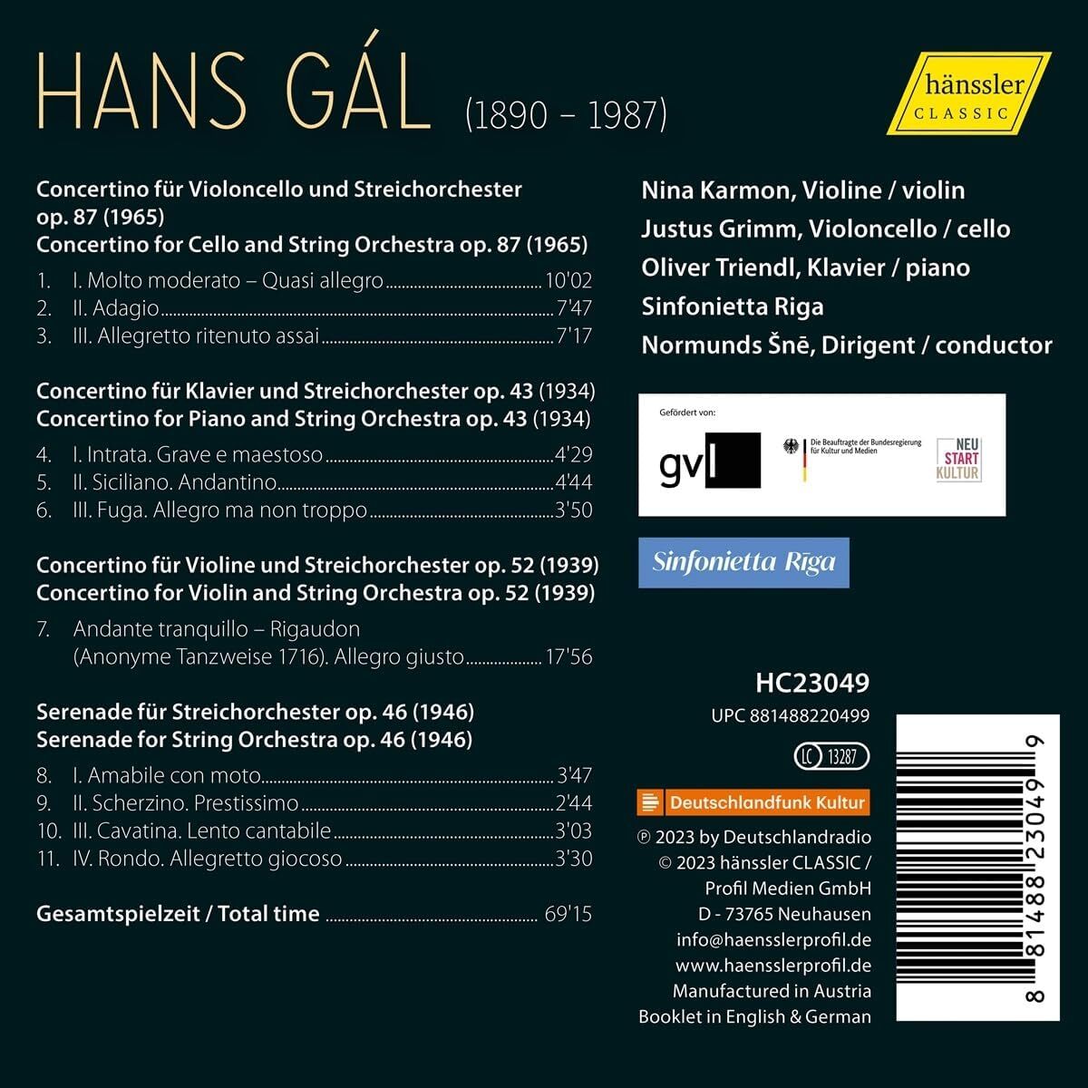 Hans Gál: Concertinos for Violin/cello/piano/String Serenade
