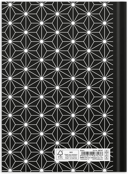 RNKVERLAG 46747 - Notizbuch „black & white Stars“ in DIN A5 dotted, mit 96 Blatt 70 g/m², 1 Stück