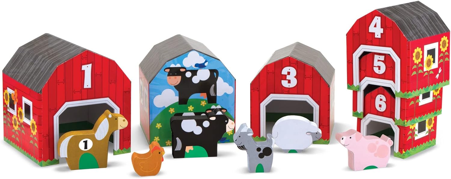 Melissa & Doug Wooden Nesting & Sorting Barns & Animals Toy | Developmental Toys | 3+ | Gift for Boy or Girl
