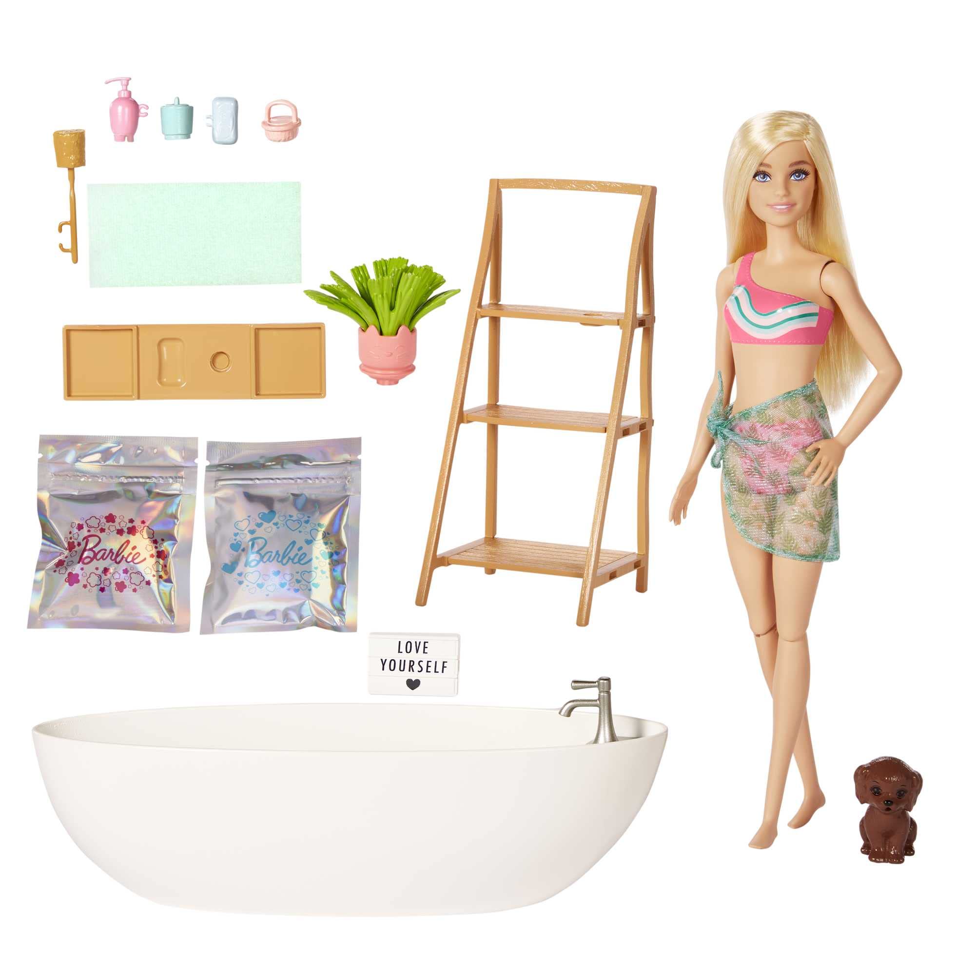 Barbie Doll and Bathtub Playset with Puppy, Kids Toys, Blonde, Colorful Confetti Soap and Accessories, Self-Care and Wellness Theme, HKT92