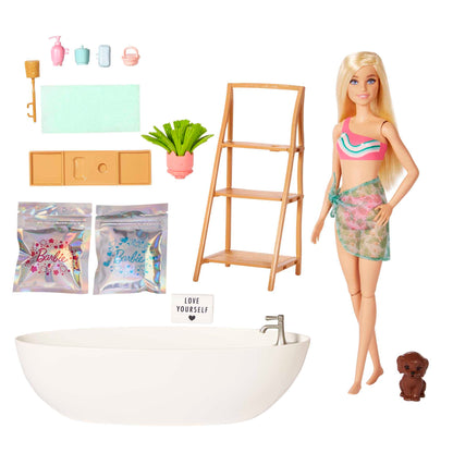 Barbie Doll and Bathtub Playset with Puppy, Kids Toys, Blonde, Colorful Confetti Soap and Accessories, Self-Care and Wellness Theme, HKT92