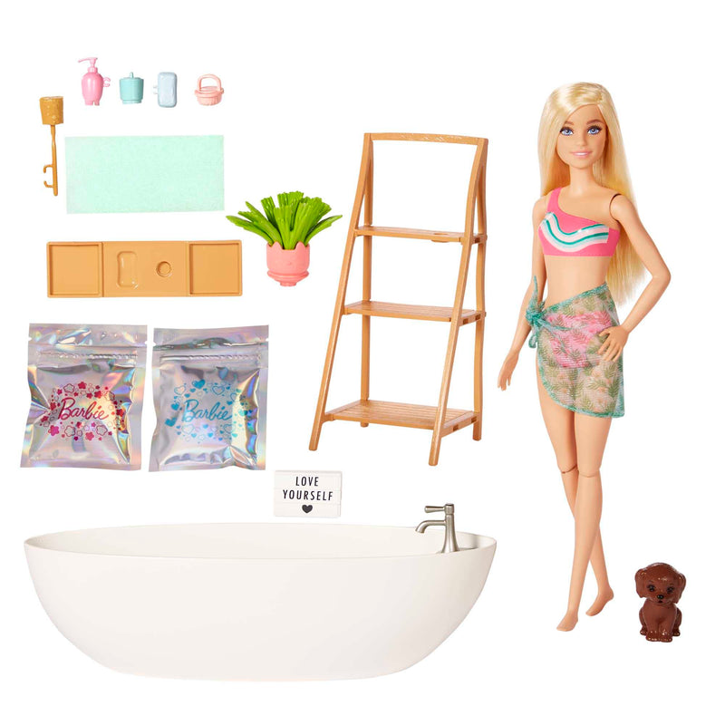 Barbie Doll and Bathtub Playset with Puppy, Kids Toys, Blonde, Colorful Confetti Soap and Accessories, Self-Care and Wellness Theme, HKT92